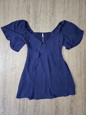 Navy Puff-Sleeve Mini Dress with Square Neck
